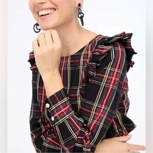 J. Crew Cotton Stewart Tartan Plaid ruffle top stretch relaxed fit Small size 6